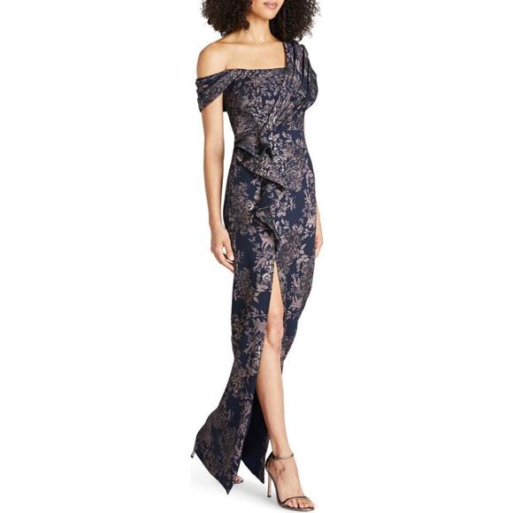 Theia Amaris Floral Print Jacquard One Shoulder Gown Metallic Size 10 NWT - Picture 1 of 15